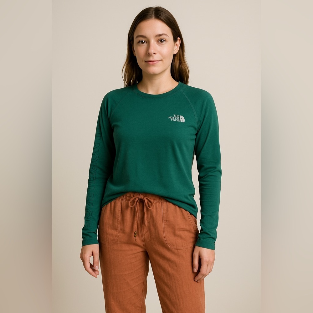 Small TNF - North Face Women's Deep Green Long Sleeve Crew Tee-hiking/camping